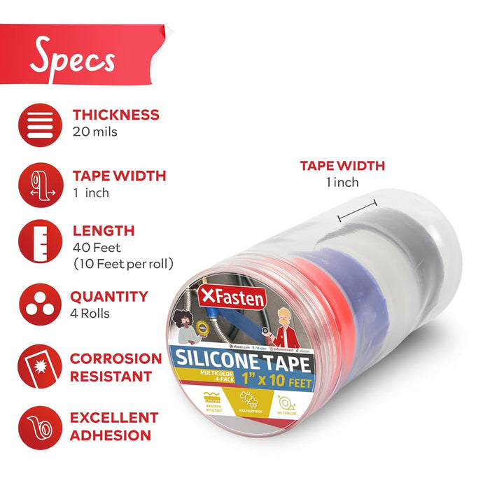 XFasten Multicolor Silicone Tape for Plumbing, 1” X 10-Feet Silicone Grip Tape Pack of 4, Plumbing Tape for Leaks Self Fusing Silicone Tape, Plumbing Tape for Hose, Stop Leak Tape, Emergency Tape