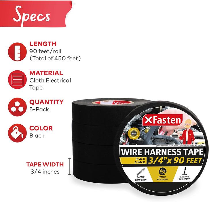 XFasten Black 3/4-Inch x 90-Feet (5-Pack) High-Heat Resistant Cloth Electrical Tape for Automotive Wire Loom