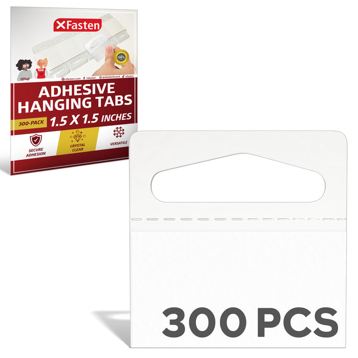 XFasten Adhesive Hanging Tabs 1.5-inch x 1.5-inch Super Strong Adhesion 300-Pack Clear Plastic Hang Tags Adhesive | Extra Sticky Hanging Tags for Retail, Peg, Hangers, Wall Hanging Package Tabs