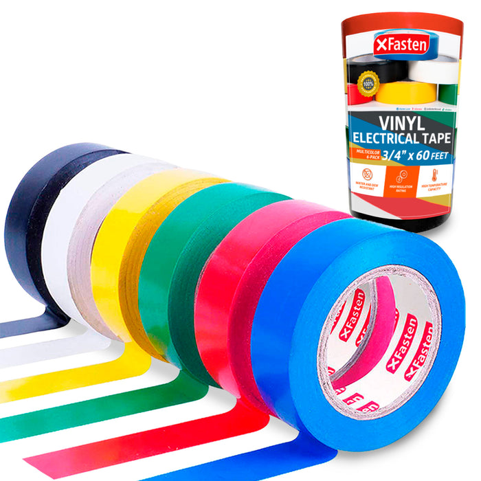 XFasten Vinyl Electrical Tape | 3/4 Inch x 60 Foot | Multicolor | 6-Pack