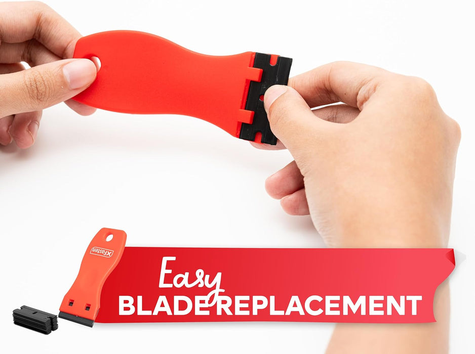 XFasten Plastic Razor Blade Scraper Include 2PCS Scraper Tool and 100PCS Blades for Gasket Remover, Labels Decal and Adhesive Remover for Windows and Glass,Blue