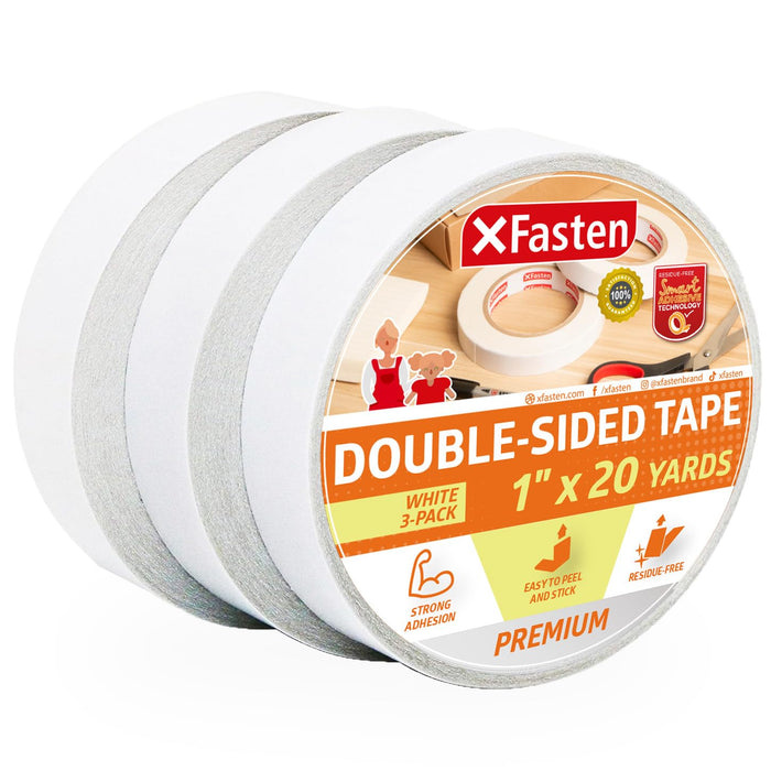 XFasten Double Sided Tape | 1 Inch x 20 Yards | White | 3-Pack