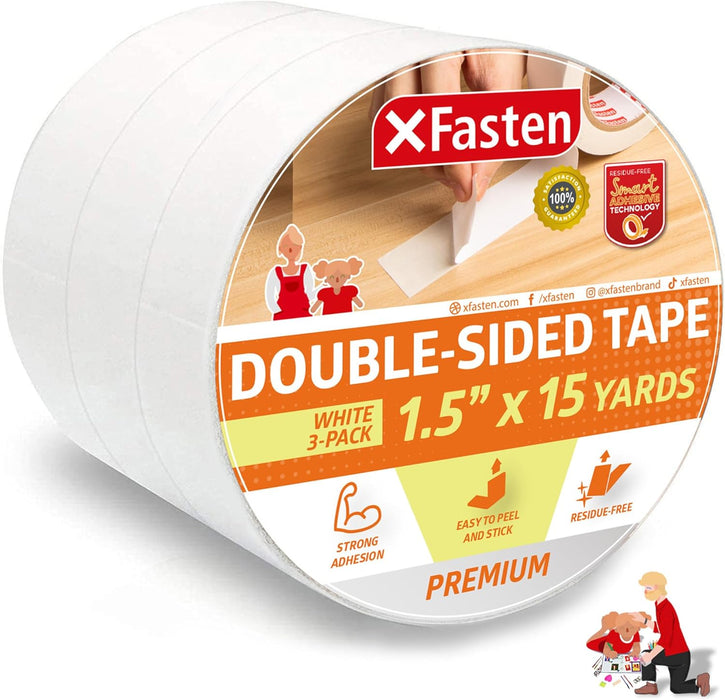 XFasten Double Sided Tape | 1.5 Inch x 15 Yards | White | 3-Pack