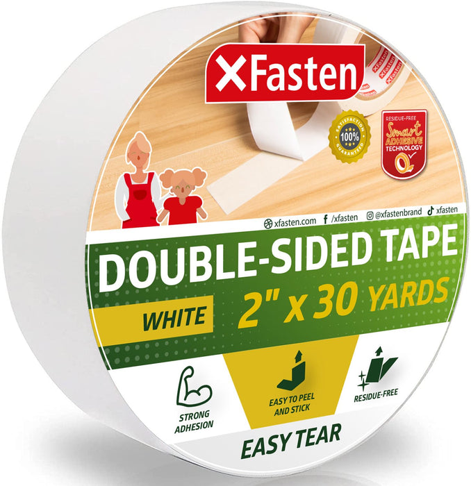 XFasten Double Sided Tape | 2 Inches x 30 Yards | Easy Tear | White