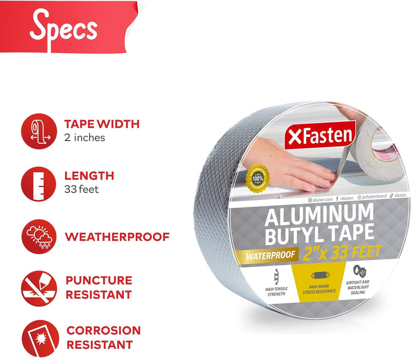 XFasten Super Waterproof Aluminum Butyl Tape, 2-Inch x 33-Foot