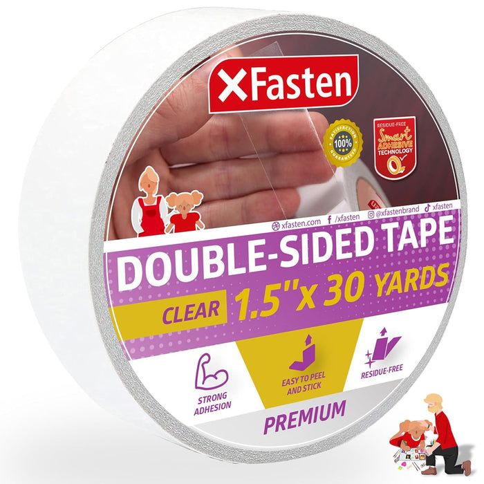 XFasten Double Sided Tape | 1.5 Inch x 30 Yards | Clear