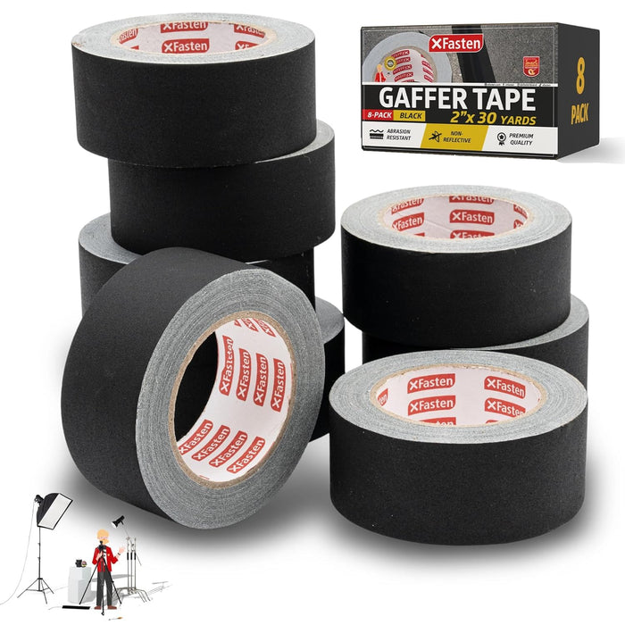 XFasten Black Gaffers Tape 2 Inch x 30 Yards Bulk - 8-Pack (720ft)