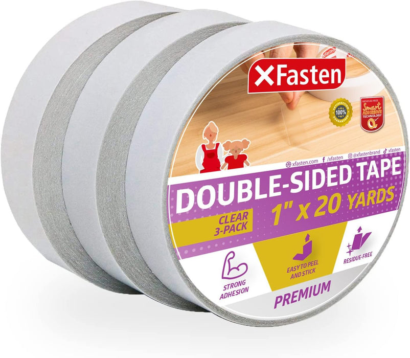 XFasten Double Sided Tape | 1 Inch x 20 Yards | Clear | 3-Pack