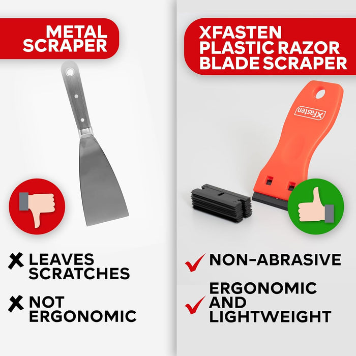 XFasten Plastic Razor Blade Scraper Include 2PCS Scraper Tool and 100PCS Blades for Gasket Remover, Labels Decal and Adhesive Remover for Windows and Glass,Blue