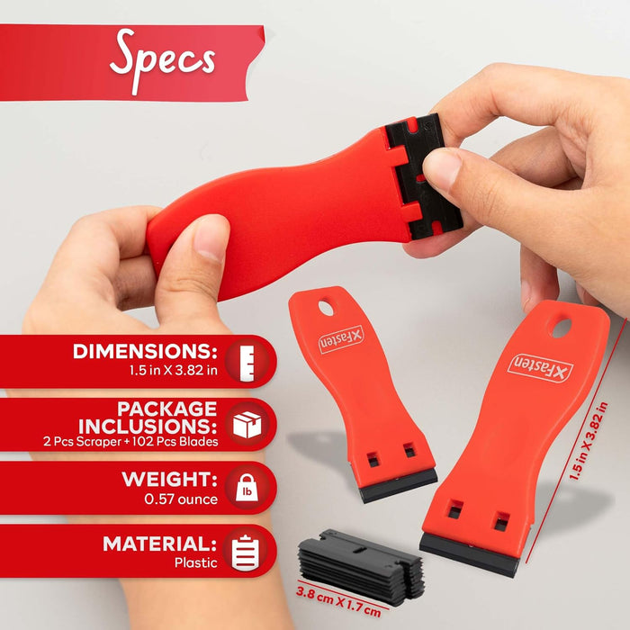 XFasten Plastic Razor Blade Scraper Include 2PCS Scraper Tool and 100PCS Blades for Gasket Remover, Labels Decal and Adhesive Remover for Windows and Glass,Blue