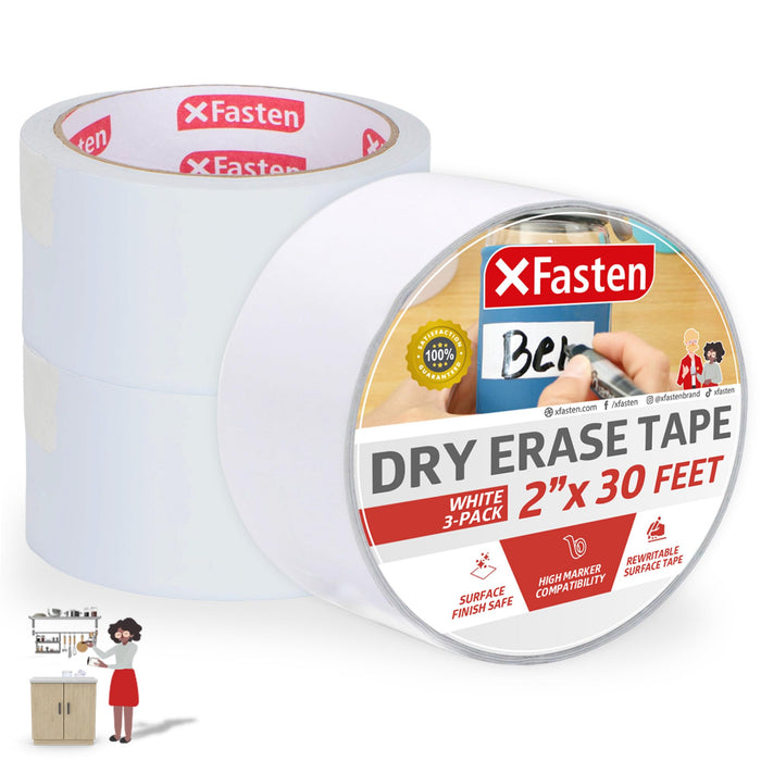 XFasten Dry Erase Tape White 2-Inch x 30-Feet (3-Pack 90 Feet Total) Zero Smudging Ghosting-Free Whiteboard Tape, Reusable Dry Erase Labels for Storage Bins, Sentence Strips for Teachers