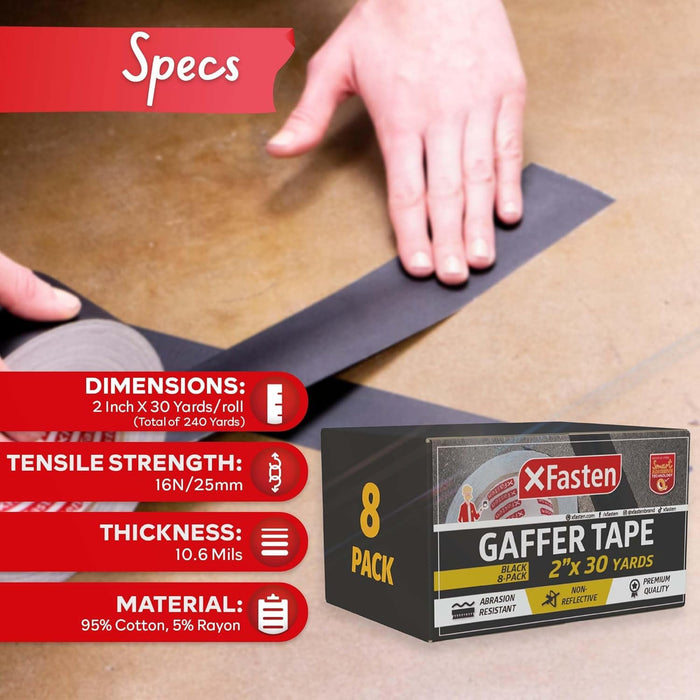 XFasten Black Gaffers Tape 2 Inch x 30 Yards Bulk - 8-Pack (720ft)
