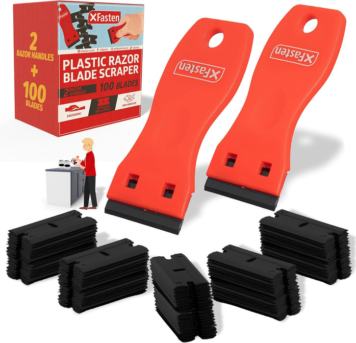XFasten Plastic Razor Blade Scraper Include 2PCS Scraper Tool and 100PCS Blades for Gasket Remover, Labels Decal and Adhesive Remover for Windows and Glass,Blue