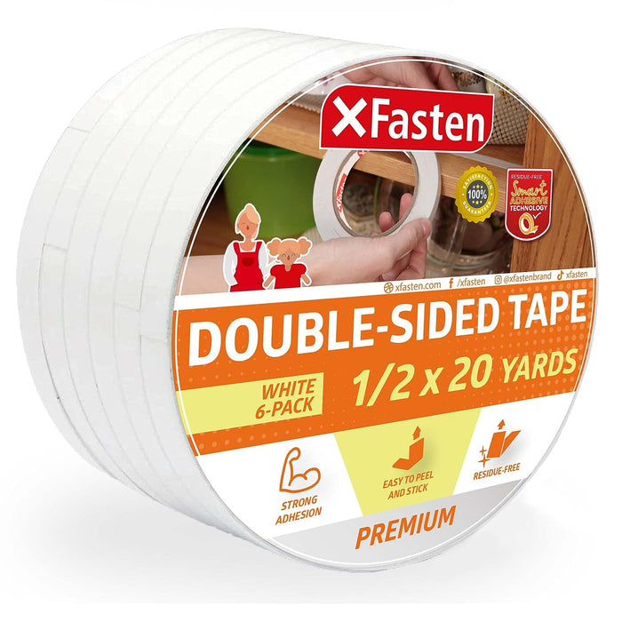 XFasten Double Sided Tape | 1/2 Inch x 20-Yards | White | 6-Pack