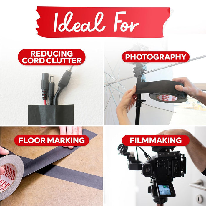 XFasten Black Gaffers Tape 2 Inch x 30 Yards (2-Pack, 180ft) Residue-Free Matte Black Gaffer Tape 2 Inch Non-Reflective Easy-to-Tear Black Gaff Tape 2 Inch Floor Tape for Electrical Cords