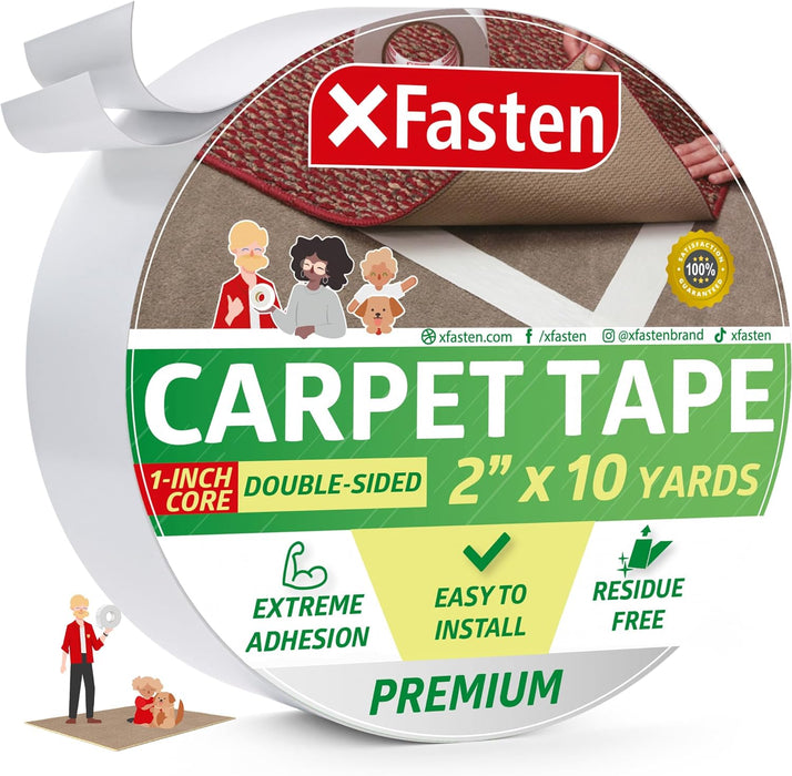 XFasten Double Sided Carpet Tape | 2 Inches x 10 Yards | 1" Core