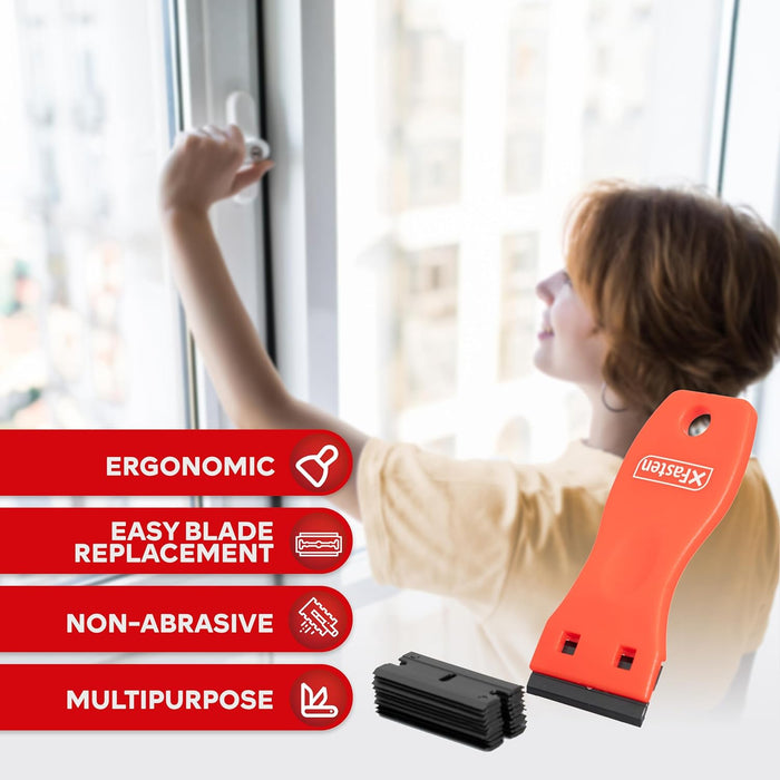 XFasten Plastic Razor Blade Scraper Include 2PCS Scraper Tool and 100PCS Blades for Gasket Remover, Labels Decal and Adhesive Remover for Windows and Glass,Blue