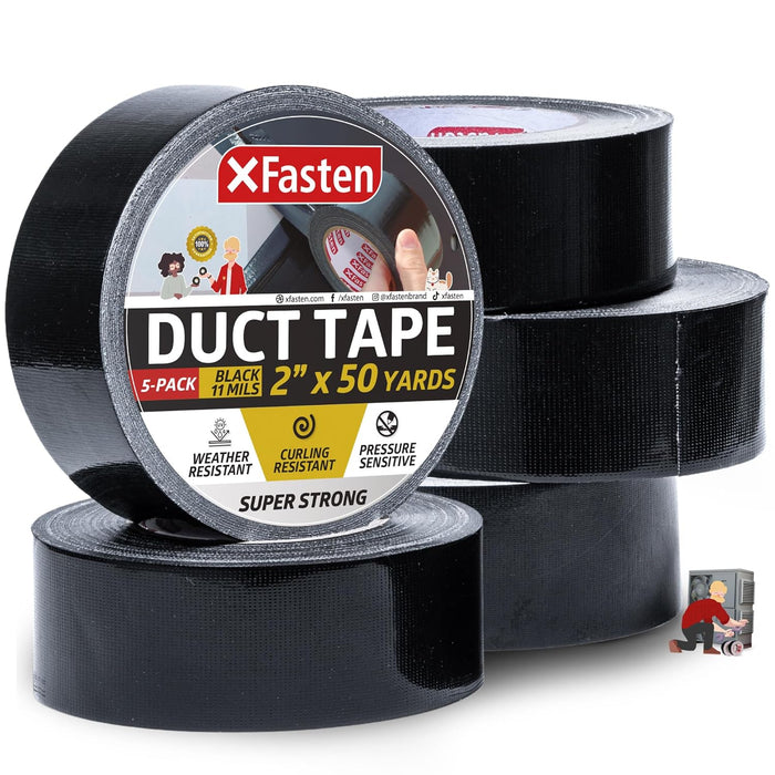 XFasten Black Duct Tape Heavy Duty Waterprooof Super Strong 2” x 50 Yards (5-Pack, 750ft Total) 11mils Extra Thick and Waterproof Heavy Duty Duct Tape Black Color for HVAC and Outdoor Use