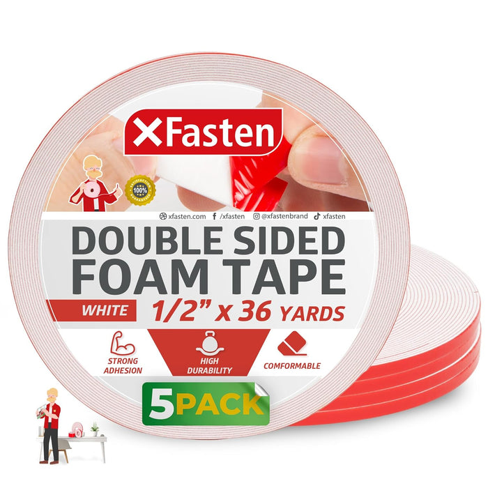 XFasten Foam Mounting Tape - 1/2 inch x 36 yd Pack of 5