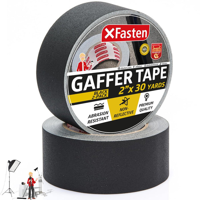 XFasten Black Gaffers Tape 2 Inch x 30 Yards (2-Pack, 180ft) Residue-Free Matte Black Gaffer Tape 2 Inch Non-Reflective Easy-to-Tear Black Gaff Tape 2 Inch Floor Tape for Electrical Cords