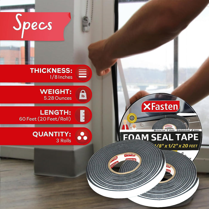 XFasten Foam Seal Tape | 1/8" Thick | 1/2 Inch x 20 Foot | 3-Pack | Black
