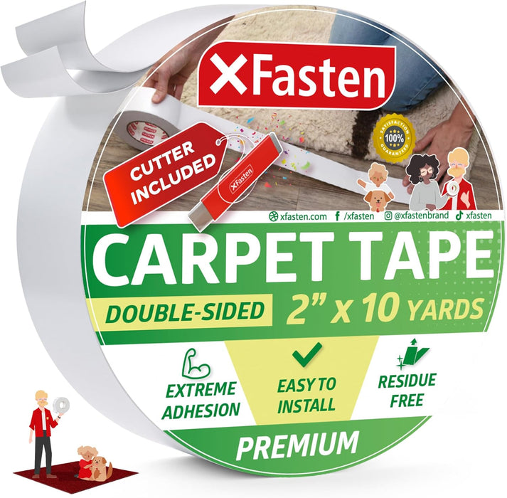 XFasten Double Sided Carpet Tape w/ 1 Unit Heavy-Duty Box Cutter | 2 Inches x 10 Yards