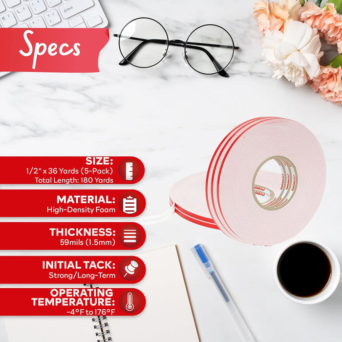 XFasten Foam Mounting Tape - 1/2 inch x 36 yd Pack of 5