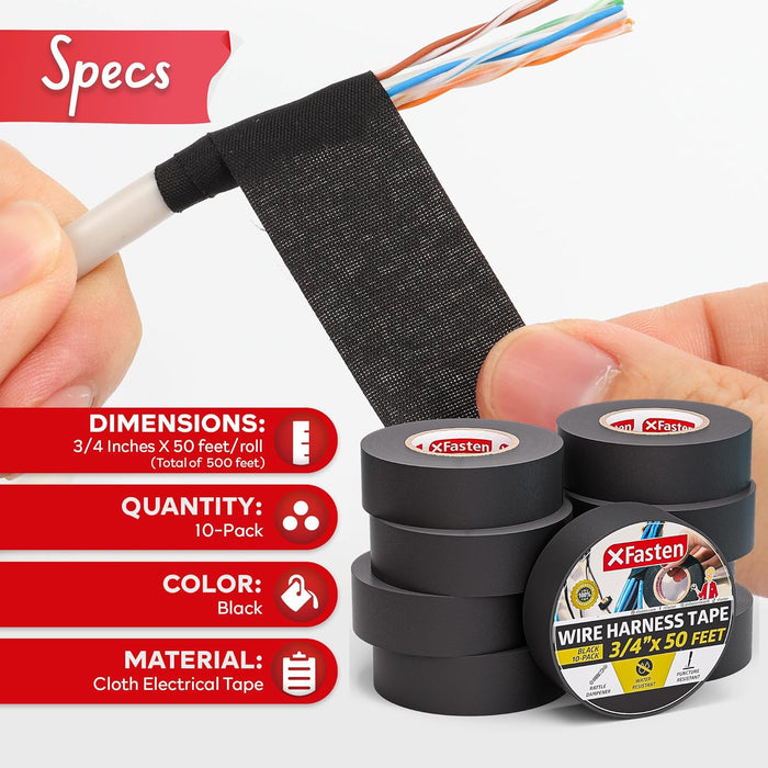 XFasten Wire Harness Tape, Black - 3/4 inch x 50 ft Pack of 10