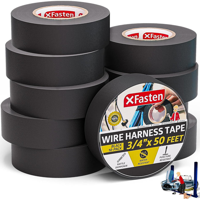 XFasten Wire Harness Tape, Black - 3/4 inch x 50 ft Pack of 10