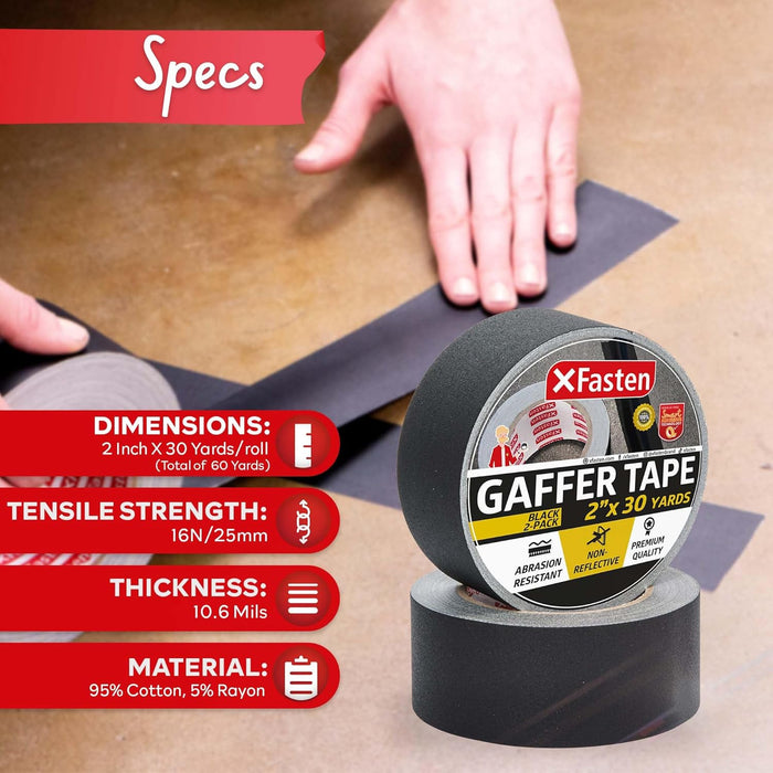 XFasten Black Gaffers Tape 2 Inch x 30 Yards (2-Pack, 180ft) Residue-Free Matte Black Gaffer Tape 2 Inch Non-Reflective Easy-to-Tear Black Gaff Tape 2 Inch Floor Tape for Electrical Cords