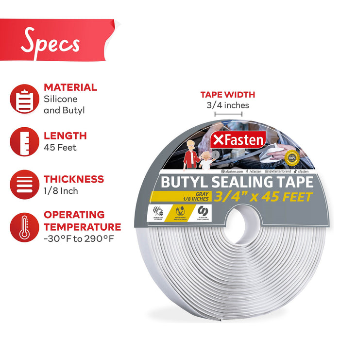 XFasten Butyl Seal Tape | 3/4 Inch x 45 Foot | 1/8" Thick Gray