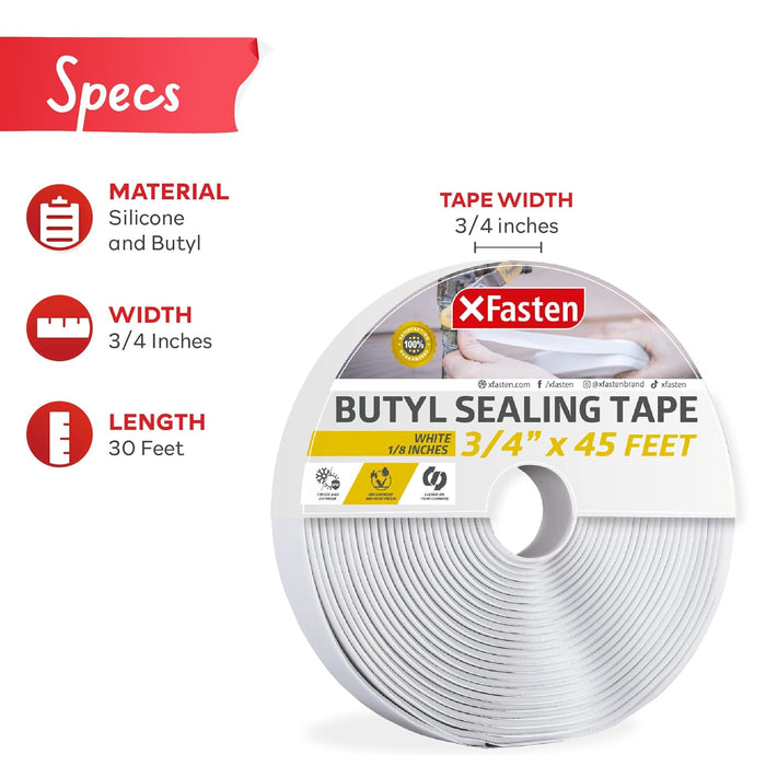 XFasten Butyl Seal Tape White - 1.5” Core 1/8" x 3/4'' x 45 Foot, EDPM Butyl Putty Tape, Sound Dampener Automotive Butyl Tape RV, Butyl Rubber Sealant, Waterproof Butyl Sealing Tape