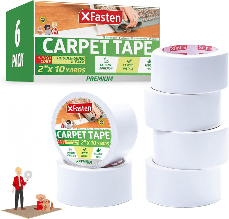 XFasten Double Sided Carpet Tape for Area Rugs - Heavy Duty Residue-Free Rug Tape for Area Rugs and Hardwood Floors, Indoor and Outdoor - 2 Inch by 10 Yards (6-Pack / 180-feet Total)
