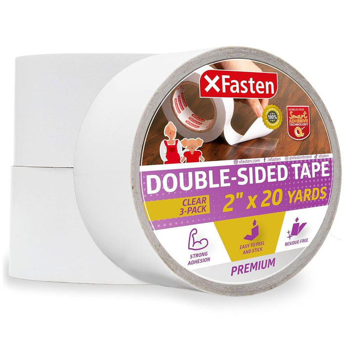 XFasten Removable Double Sided Tape Clear 2 inch x 20 Yards (Pack of 3, 180 Feet Total)