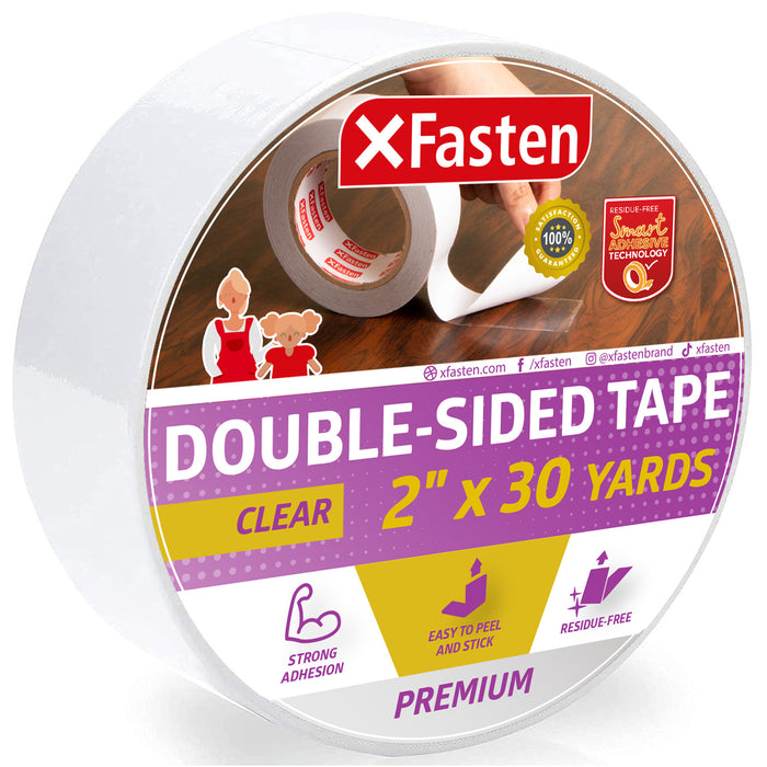 XFasten Double Sided Tape | 2 Inches x 30 Yards | Clear