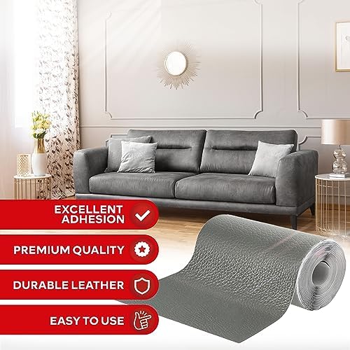 XFasten Gray Leather Tape 3 x 60 inch Premium Color-Match Tech Leather Repair Kit for Car Seat, Couch, Furniture | Non-Fraying Residue-Free Self Adhesive Leather Repair Patch for Furniture and Sofa
