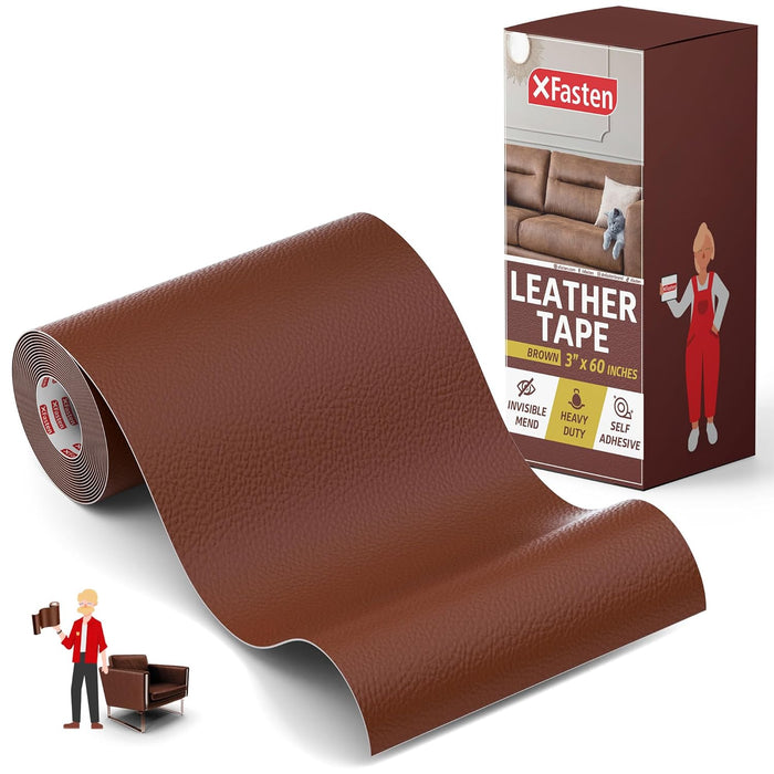 XFasten Brown Leather Tape 3 x 60 inch Premium Color-Match Tech Leather Repair Kit for Car Seat, Couch, Furniture | Non-Fraying Residue-Free Self Adhesive Leather Repair Patch for Sofa