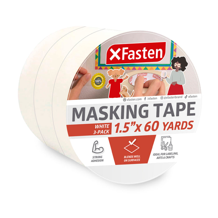 XFasten Masking Tape White, 1.5 Inches x 60 Yards, Pack of 3