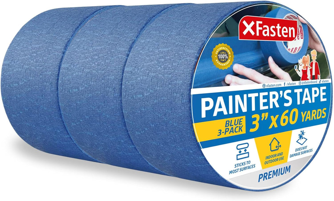 XFasten Blue Painters Tape 540 Feet 3 Inch X 60 Yards (3-Pack) Wide Painters Tape Blue Masking Tape Paint Tape for Walls