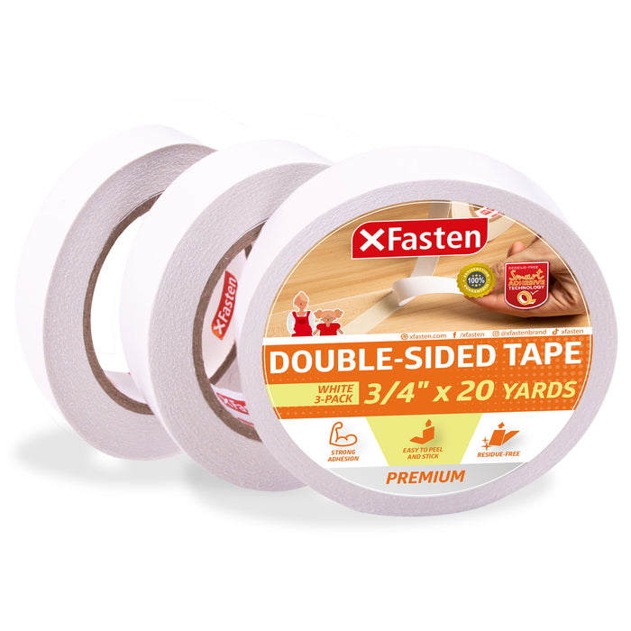 XFasten Double Sided Tape | 3/4 Inch x 20 Yards | White | 3-Pack