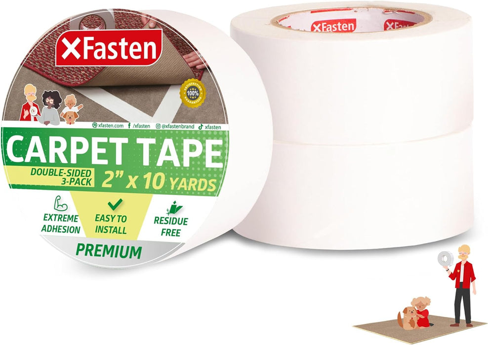 XFasten Double Sided Carpet Tape - 2” x 10yd (3-Pk) Bulk Double Sided Rug Tape for Carpet, Indoor Outdoor Carpet Tape for Area Rugs over Carpet, Strong Adhesion Carpet Binding Tape for Hardwood Floors