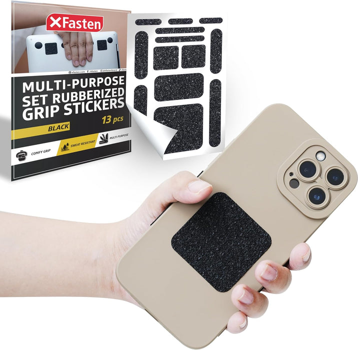 XFasten Grip Tape Stickers for Phone Black 13 pc Sure-Grip Non-Abrasive Adhesive Cell Phone Grip Tape for Back of Phone Case, Laptop, Mouse, Handles, Game Controllers and Accessories