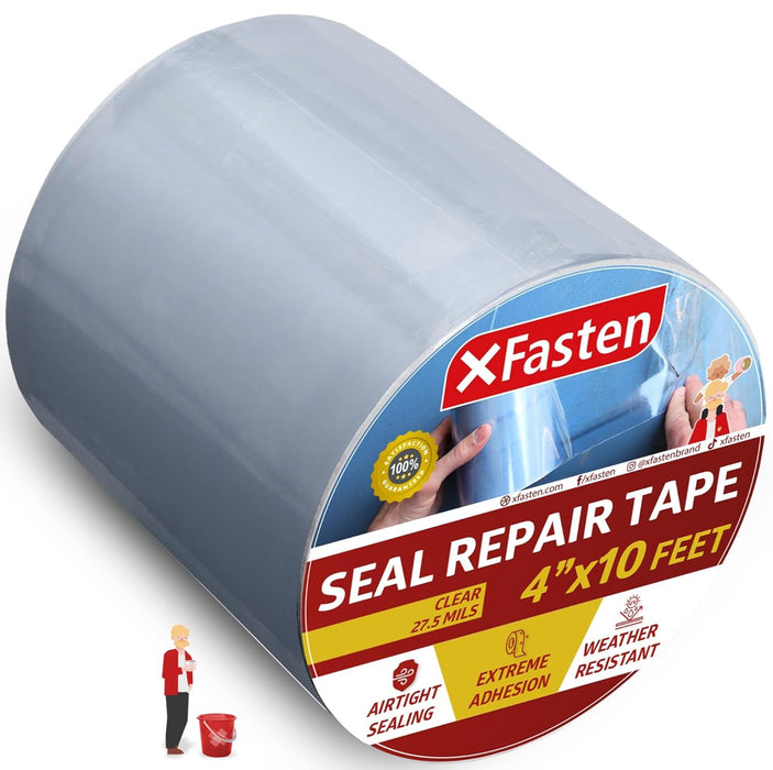 XFasten Waterproof Patch and Seal Tape, Clear, 4-Inch by 10-Foot Roof and Gutter Rubber Repair Tape for Stop Leak Repair on Gutter, Roof, Boat, Pool Liner and HVAC – Waterproof and Puncture-Resistant