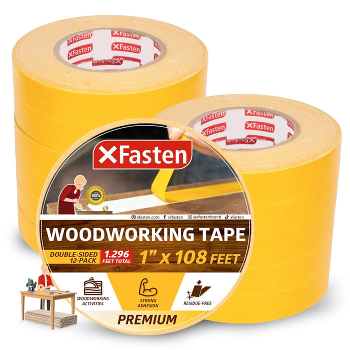 XFasten Bulk Double Sided Woodworking Tape 1-inch 1,296-Feet Total (12-Pack) Residue-Free Woodworking Tool for CNC Routing Machine, Removable Double Sided Tape for Woodworking Router Template