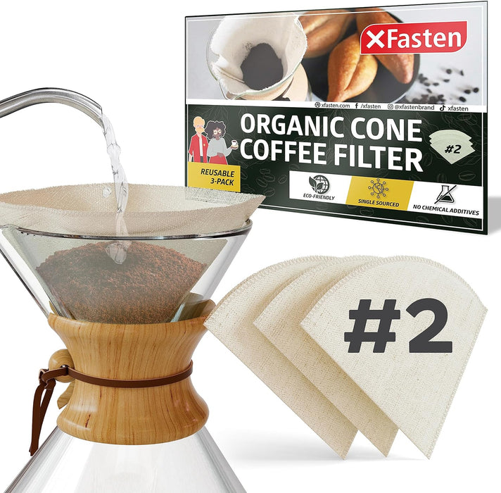 XFasten Hemp Reusable Coffee Filters No 2 (3-Pack) Number 2 Cone Coffee Filters | Pour Over Unbleached Coffee Filters | Fits 1-4 Cups Organic Hemp Cloth Coffee Filters Cone | Coffee Filter Reusable