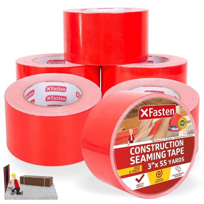 XFasten Construction Seaming Tape Red 3”x55Yds (6-Pack, 990Feet Total) Sheathing Tape for Epoxy Resin Tape, Waterproof Crawlspace Vapor Barrier Tape, House Wrap Construction Tape, Foam Board Tape