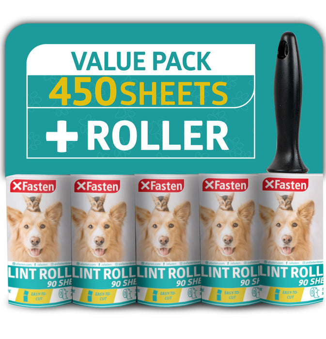 XFasten Pet Hair Lint Roller 1 Roller + 5 Refill Rolls (90 Sheets Each)
