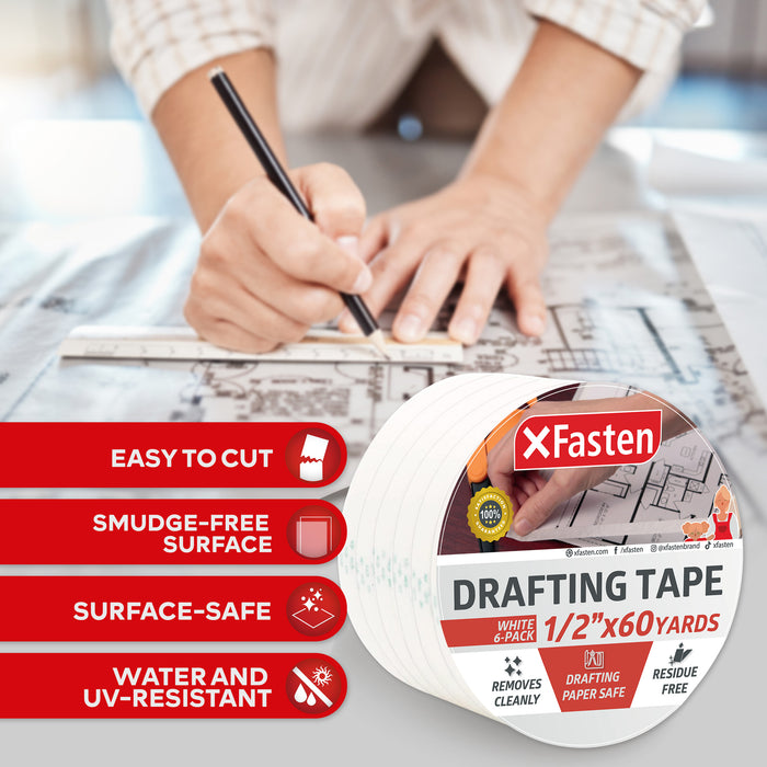 XFasten Artisan Grade Drafting Tape, 1/2 Inches x 60 Yards, Pack of 6