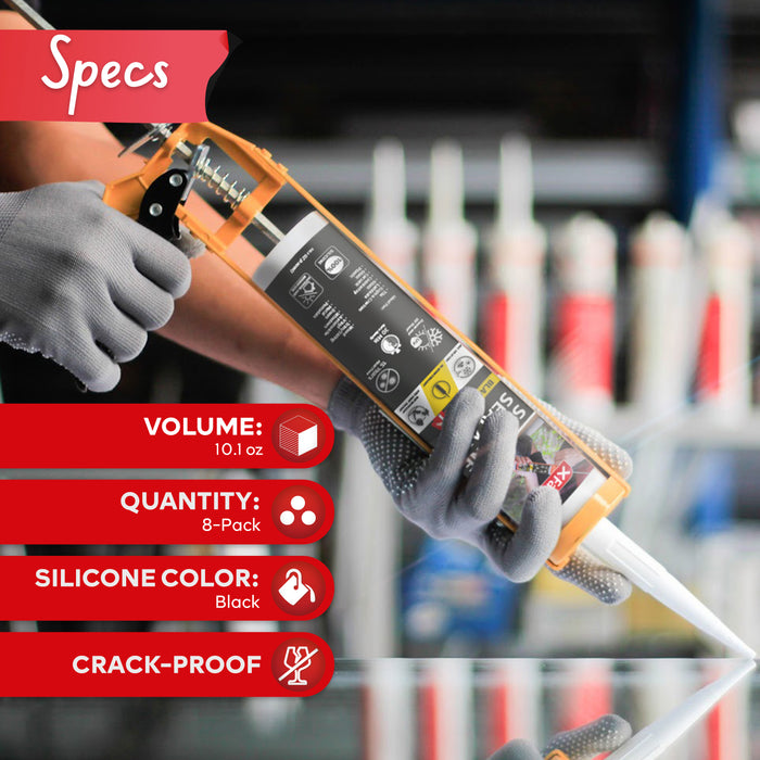 XFasten Silicone Sealant Waterproof Black Cartridge, 10.1 oz (8-Pack)