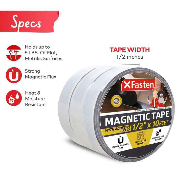 XFasten Magnetic Tape, 1/2-Inch x 10-Foot, Pack of 3
